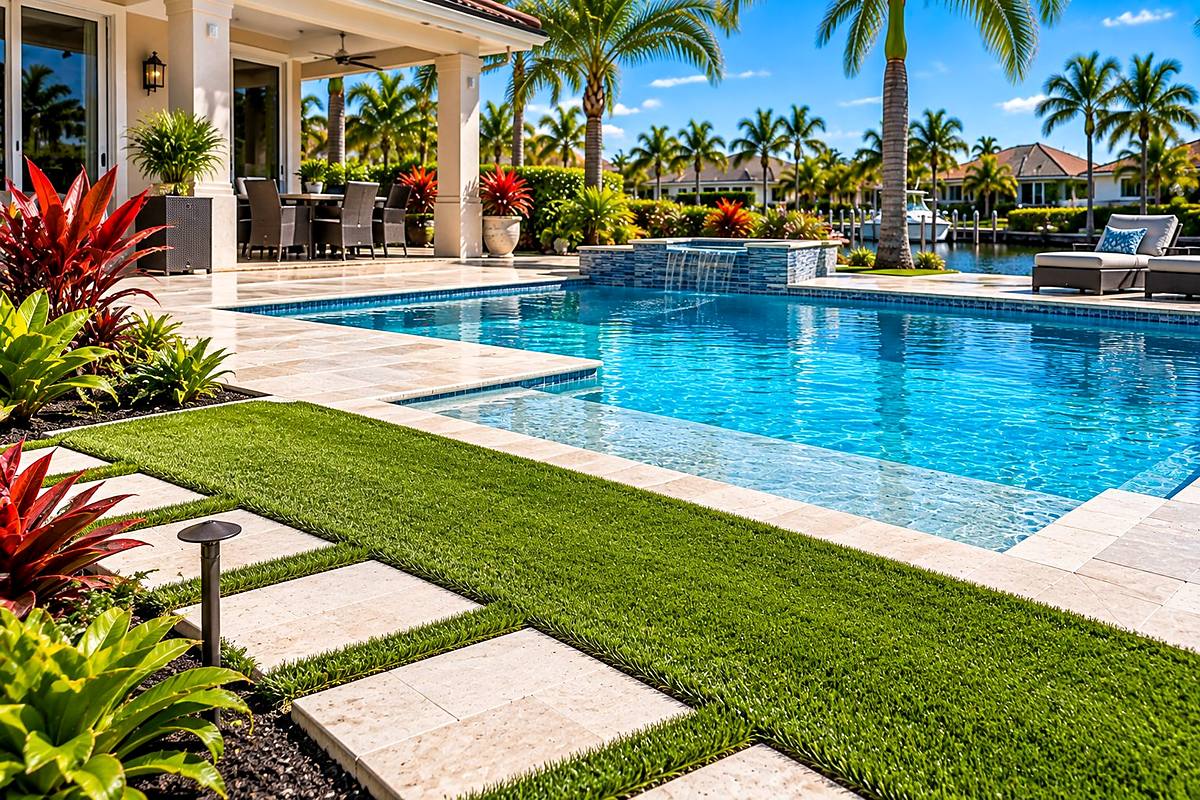 Artificial turf and travertine stepping pavers beside a resurfaced pool in Fort Lauderdale, FL