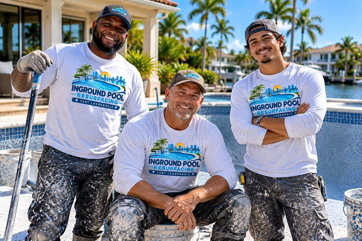 Pool resurfacing crew at a finished project in Broward County