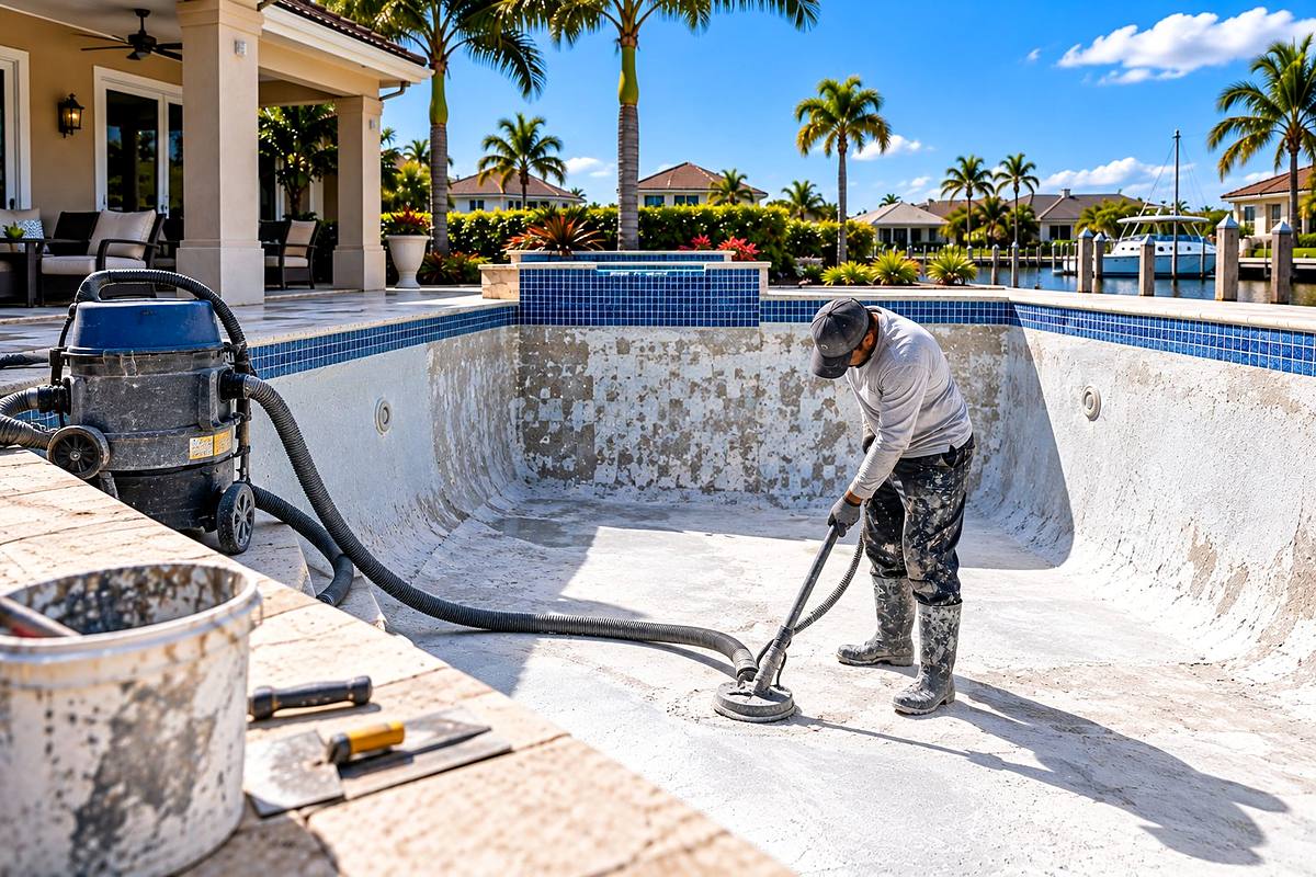 Drained pool being prepared and cleaned before resurfacing in Fort Lauderdale, FL
