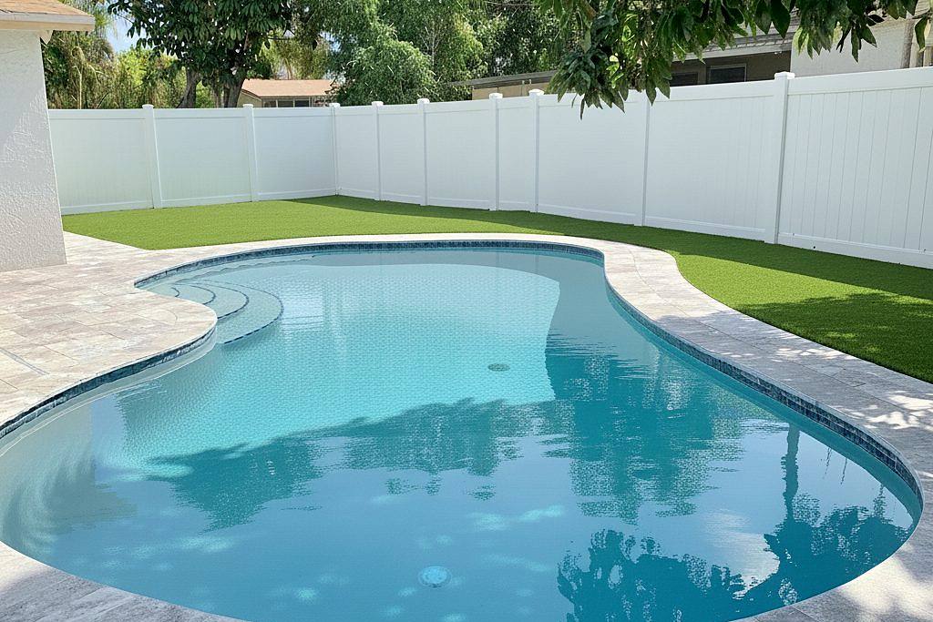 Resurfaced freeform pool with travertine coping, paver deck and artificial turf in Fort Lauderdale, FL